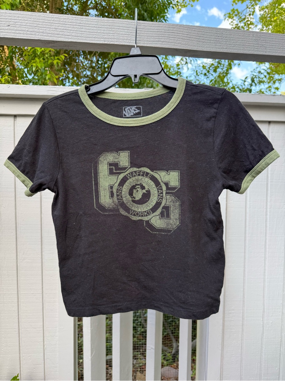 Vans Black Tee with Olive Green Trim and Front Waffle Graphic
